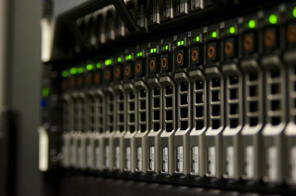 Server rack with network switches and cabling in a data center